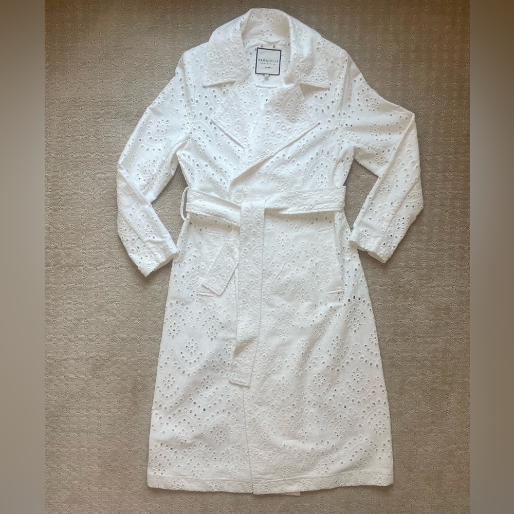 Bagatelle Collection Embroidered Eyelet Trench Coat, White, Sz. S
